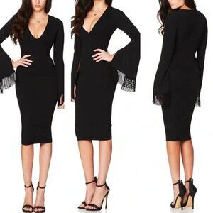 Nookie Iris Black Fringe Long Sleeve Midi Dress NWT Small